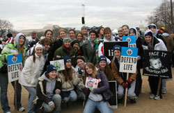 Teenagers from St. Malachy Parish in Brownsburg get ready to take part in the 35th annual March for Life on Jan. 22 in the nation’s capital. (Photo by Melissa Scarlett)	