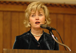 Lt. Gov. Becky Skillman speaks at the 14th annual awards luncheon for the archdiocesan A Promise to Keep peer mentor chastity program. (Photo by Mary Ann Wyand) 