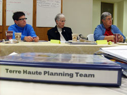 St. Patrick parishioner Julie Bowers of Terre Haute, from left, Providence Sister Constance Kramer, Terre Haute Deanery pastoral leadership representative and parish life coordinator of St. Ann Parish in Terre Haute, and St. Leonard of Port Maurice parishioner Brenda Monaghan of West Terre Haute listen to a discussion during a recent meeting of the Terre Haute Deanery planning team. (Submitted photo/Ann Ryan) 