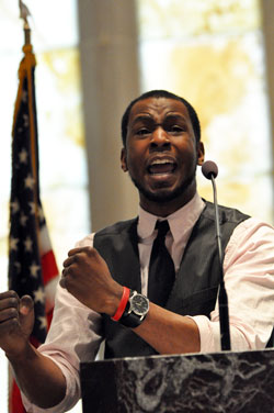 40 Days for Life keynote speaker Jonathan Tremaine Thomas of Indianapolis, a Protestant leader with the National Black Pro-Life Coalition, reminds pro-life supporters on March 6 that the blood of innocent unborn babies killed by abortion has been sown into our nation’s land. The prayer rally was held at the St. Augustine Home for the Aged Chapel in Indianapolis. (Photo by Mary Ann Wyand)