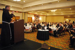 Franciscan Father Peter Vasko, the president of the Franciscan Foundation for the Holy Land (FFHL), speaks on March 12 at a fundraising dinner for the foundation at the Marriott North hotel in Indianapolis. The FFHL gives support to Catholics in the Holy Land so that the Church can remain there. (Photo by Sean Gallagher)