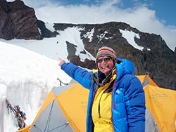 Walter Glover points to Cathedral Gap on Mount Rainier, the latest mountain he attempted to climb in June. The member of St. Bartholomew Parish in Columbus has spent the past six years trying to climb on the Seven Summits—the highest mountains on each of the seven continents. (Submitted photo)