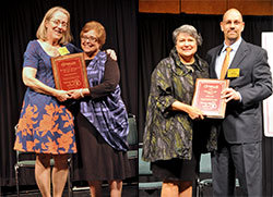 Top left, Right to Life of Indianapolis director of programming Mary Dougherty, left, presents Charlene Witka, campus minister and Teens for Life coordinator for Cathedral High School in Indianapolis, with the Charles E. Stimming, Sr. Pro-Life Award during a dinner in Indianapolis on Sept. 29. Top right, former Indiana House of Representatives member Cindy Noe, left, receives a Respect for Life Award from State Sen. Scott Schneider during the “Celebrate Life” dinner hosted by Right to Life of Indianapolis at the Indiana Convention Center in Indianapolis on Sept. 29. (Photos by Natalie Hoefer)