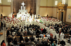 Bishops process at SS. Peter and Paul Cathedral in Indianapolis for a Mass of prayer and penance on June 14 during the U.S. Conference of Catholic Bishops’ annual spring assembly. (Photo by Sean Gallagher)