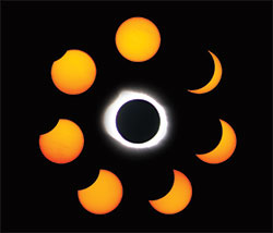 A collage of images taken in Chester, Ill., of the Aug. 21 total solar eclipse shows the unobscured sun at the top, continuing counterclockwise with images of the partial eclipse. The totally eclipsed sun radiates in the center. (Graphic and photos by Brandon A. Evans)