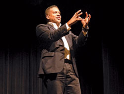 Keynote speaker Damon Owens of Joy ToB on Sept. 8 discusses how communion with God and with others must be at the heart of discipleship during the third annual archdiocesean Gathering of Disciples at Roncalli High School in Indianapolis. (Photo by Mike Krokos)