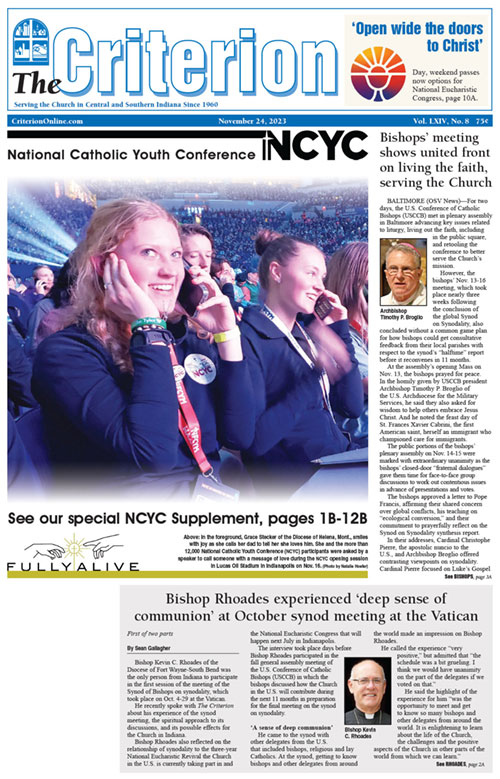 The cover of the November 24, 2023, issue of The Criterion is seen in this image. The coverage of the National Catholic Youth Conference in Indianapolis in that issue garnered the award for first place in the category Best Reporting on a Special Age-Group--Children and Teens Younger than 18 by the Catholic Media Assocation of the United States and Canada. The Criterion was also honored by the organization as the best Catholic weekly newspaper for the second time in three years.