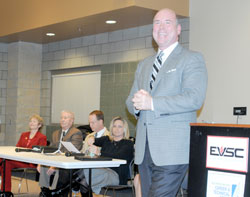 House Speaker Brian Bosma explains the purpose of the hearing; other legislators in attendance include Sue Ellsperman, Ron Bacon, Mark Mesmer and Wendy MacNamara; present but not visible is Suzanne Crouch. (Message photo by Paul R. Leingang)