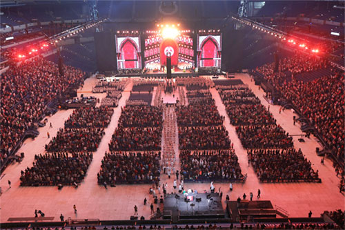 Prelates and clergymen process following morning Mass at Lucas Oil Stadium July 18, 2024, during the National Eucharistic Congress in Indianapolis. (OSV News photo/Bob Roller)